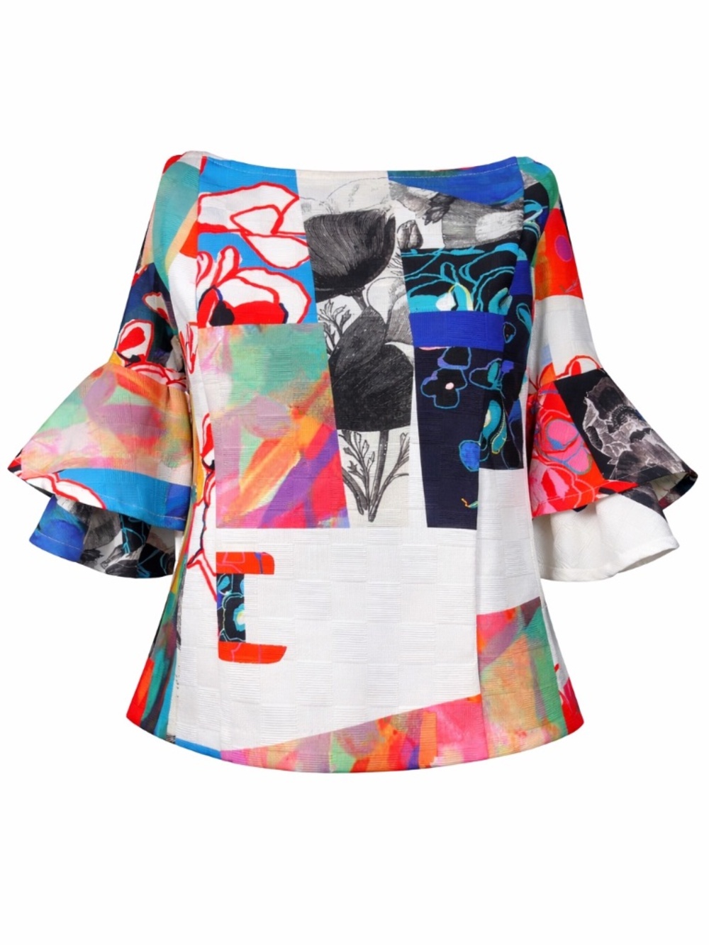Alberto Makali Art-to-Wear Abstract Patchwork Top Bell Sleeve Size L